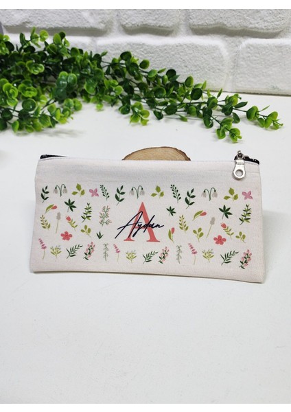 Kişiye Özel İsme Özel Bez Kalemlik Yeşil Yaprak Desenli Mini Organizer