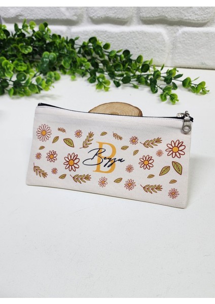Kişiye Özel İsme Özel Bez Kalemlik Papatya ve Yaprak Desenli Mini Organizer