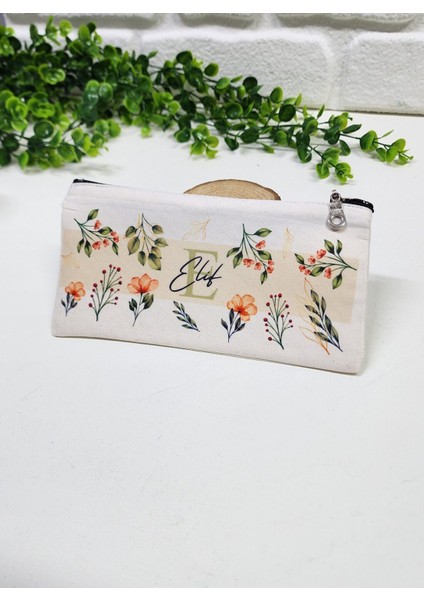 Kişiye Özel İsme Özel Bez Kalemlik Yeşil Yaprak ve Kırmızı Çiçekli Mini Organizer