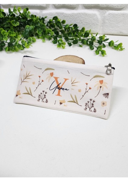 Kişiye Özel İsme Özel Bez Kalemlik Yaprak ve Lale Desenli Mini Organizer