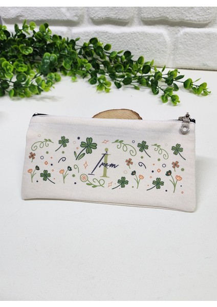 Kişiye Özel İsme Özel Bez Kalemlik Yonca Yaprak Çiçek Desenli Mini Organizer