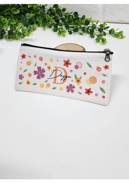 Kişiye Özel İsme Özel Bez Kalemlik Renkli Çiçekli ve Yaprak Desenli Mini Organizer