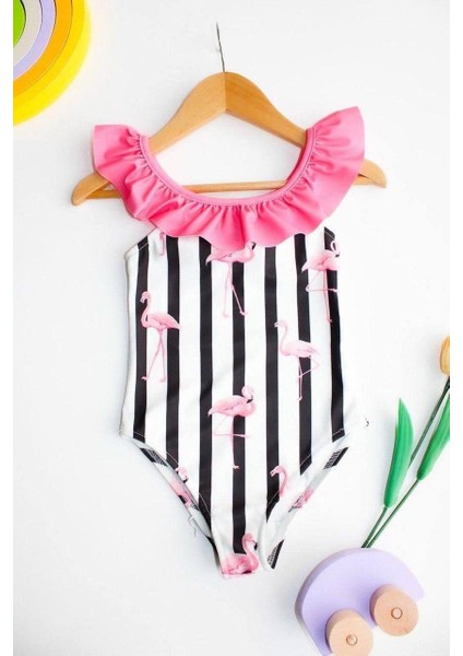 Kız Çocuk Fırfır Yaka Siyah Beyaz Çizgili Flamingo Desen Detaylı Mayo Bikini