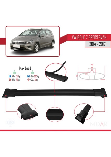 Volkswagen Golf Sportvan 2014-2017 Arası ile Uyumlu Fly Model Ara Atkı Tavan Barı Siyah 2 Adet fırsatları