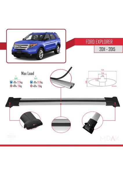 Ford Explorer 5 (U502) Pre-Facelift 2011-2015 Arası ile Uyumlu Fly Model Ara Atkı Tavan Barı Gri 4 Adet modelleri