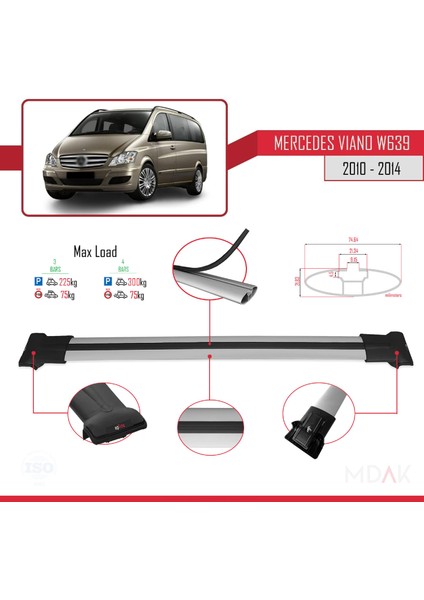 Mercedes Viano 2 (W639) Post-Facelift 2010-2014 Arası ile Uyumlu Fly Model Ara Atkı Tavan Barı Gri 4 Adet modelleri