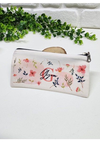 Kişiye Özel İsme Özel Bez Kalemlik Mavi Yaprak ve Pembe Çiçek Desenli Mini Organizer