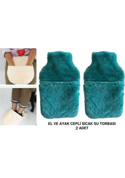 Sıcak Su Torbası 2 Adet,cepli Yeşil Peluş Termofor 32,5X17,5CM 1500 ml
