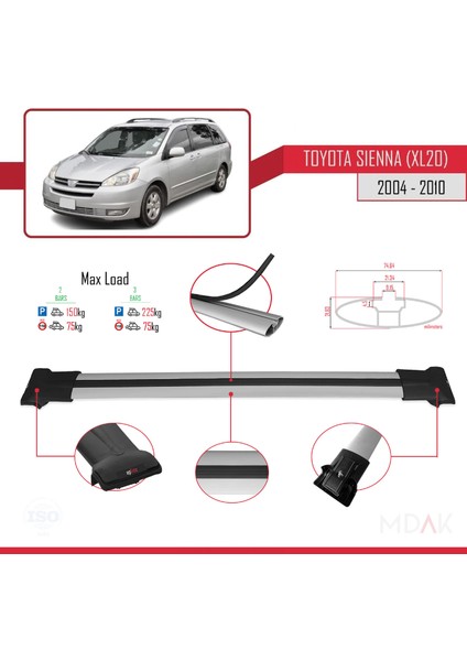 Toyota Sienna 2 (XL20) 2004-2010 Arası ile Uyumlu Fly Model Ara Atkı Tavan Barı Gri 2 Adet modelleri