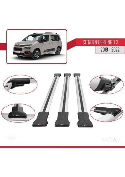 Citroen Berlingo 3 (K9) 2019-2022 Arası ile Uyumlu Fly Model Ara Atkı Tavan Barı Gri 3 Adet fırsatları