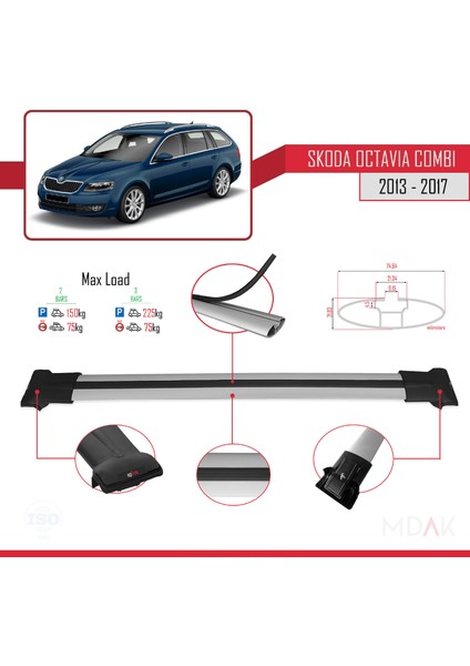 Skoda Octavia 3 (5e) Combi Pre-Facelift 2013-2017 Arası ile Uyumlu Fly Model Ara Atkı Tavan Barı Gri 2 Adet fırsatları