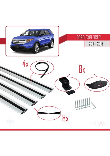 Ford Explorer 5 (U502) Pre-Facelift 2011-2015 Arası ile Uyumlu Basıc Model Ara Atkı Tavan Barı Gri 4 Adet indirimleri