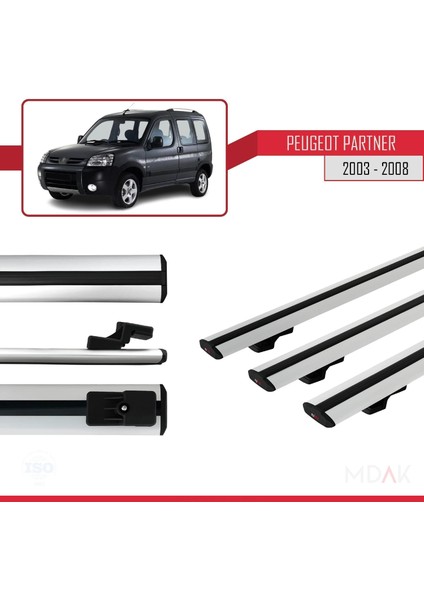 Peugeot Partner Post-Facelift 2003-2008 Arası ile Uyumlu Basıc Model Ara Atkı Tavan Barı Gri 3 Adet modelleri
