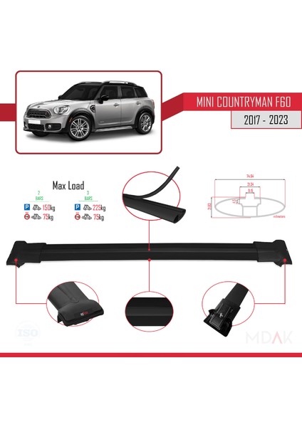 Mini Countryman 2 (F60) 2017-2023 Arası ile Uyumlu Fly Model Ara Atkı Tavan Barı Siyah 2 Adet