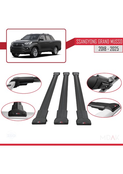 Ssangyong Grand Musso 2018 ve Sonrası ile Uyumlu Fly Model Ara Atkı Tavan Barı Siyah 3 Adet fırsatları