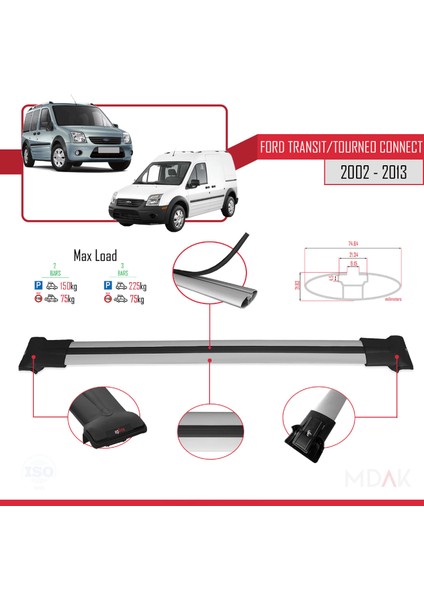 Ford Transit/tourneo Connect 2002-2013 Arası ile Uyumlu Fly Model Ara Atkı Tavan Barı Gri 2 Adet fırsatları