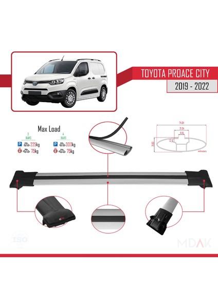 Toyota Proace City 2019-2022 Arası ile Uyumlu Fly Model Ara Atkı Tavan Barı Gri 3 Adet modelleri