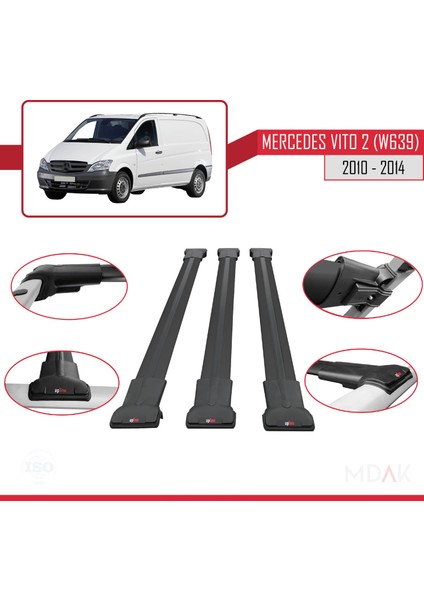 Mercedes Vito 2 (W639) Post-Facelift 2010-2014 Arası ile Uyumlu Fly Model Ara Atkı Tavan Barı Siyah 3 Adet fırsatları
