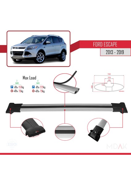 Ford Escape 3 2013-2019 Arası ile Uyumlu Fly Model Ara Atkı Tavan Barı Gri 2 Adet modelleri