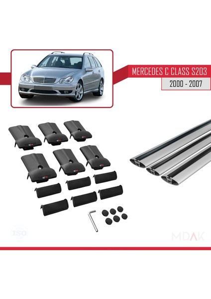 Mercedes C Class 2 (S203) 2000-2007 Arası ile Uyumlu Fly Model Ara Atkı Tavan Barı Gri 3 Adet