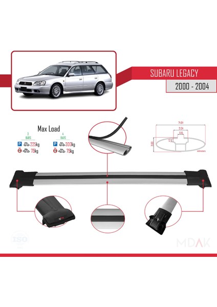Subaru Legacy 3 (Be) 2000-2004 Arası ile Uyumlu Fly Model Ara Atkı Tavan Barı Gri 3 Adet modelleri