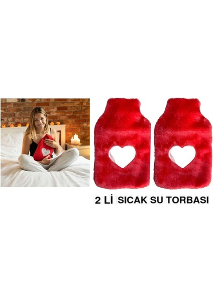 Sıcak Su Torbası 2 Adet Peluş Kalpli Pembe Termofor 26x17x2 cm 1 Litre