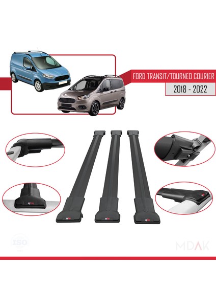 Ford Transit/tourneo Courier Post-Facelift 2018-2022 Arası ile Uyumlu Fly Model Ara Atkı Tavan Barı Siyah 3 Adet fırsatları
