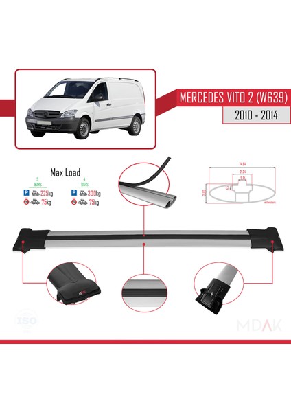 Mercedes Vito 2 (W639) Post-Facelift 2010-2014 Arası ile Uyumlu Fly Model Ara Atkı Tavan Barı Gri 4 Adet modelleri