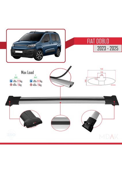 Fiat Doblo 3 2023 ve Sonrası ile Uyumlu Fly Model Ara Atkı Tavan Barı Gri 4 Adet fırsatları