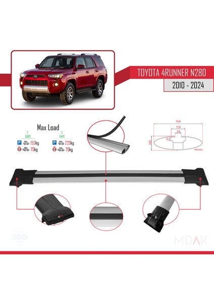 Toyota 4runner (N280) 2010-2024 Arası ile Uyumlu Fly Model Ara Atkı Tavan Barı Gri 2 Adet fırsatları