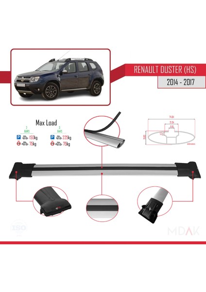 Renault Duster (Hs) Post-Facelift 2014-2017 Arası ile Uyumlu Fly Model Ara Atkı Tavan Barı Gri 2 Adet modelleri