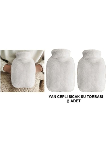 Sıcak Su Torbası 2 Adet Yan Cepli Beyaz Peluş Termofor 27x17x2 cm 750 ml