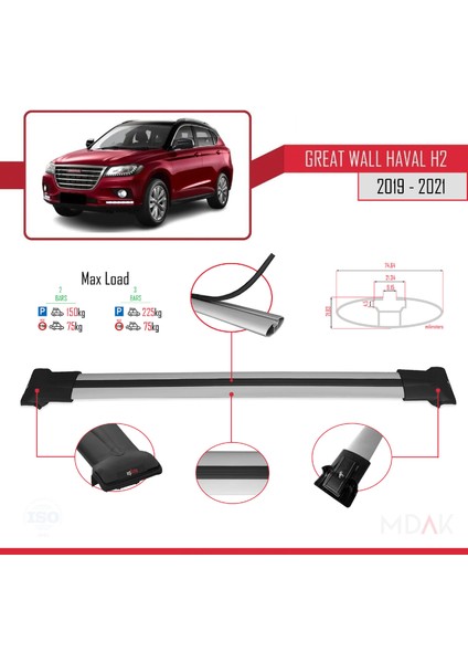 Great Wall Haval H2 2019-2021 Arası ile Uyumlu Fly Model Ara Atkı Tavan Barı Gri 2 Adet modelleri