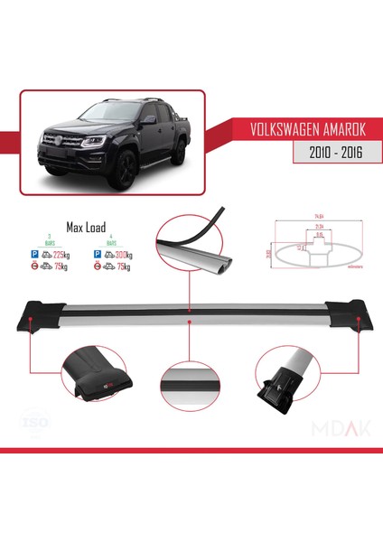 Volkswagen Amarok (2f) Pre-Facelift 2010-2016 Arası ile Uyumlu Fly Model Ara Atkı Tavan Barı Gri 3 Adet modelleri