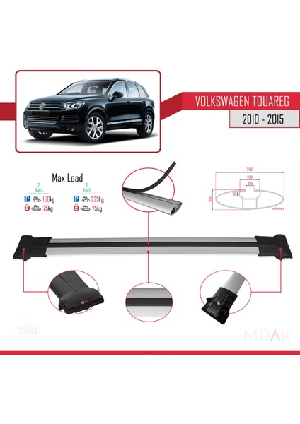 Volkswagen Touareg 2 (7p) Pre-Facelift 2010-2015 Arası ile Uyumlu Fly Model Ara Atkı Tavan Barı Gri 2 Adet fırsatları