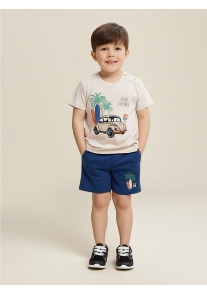 Erkek Bebek Pamuklu Araba Baskılı Şortlu Takım