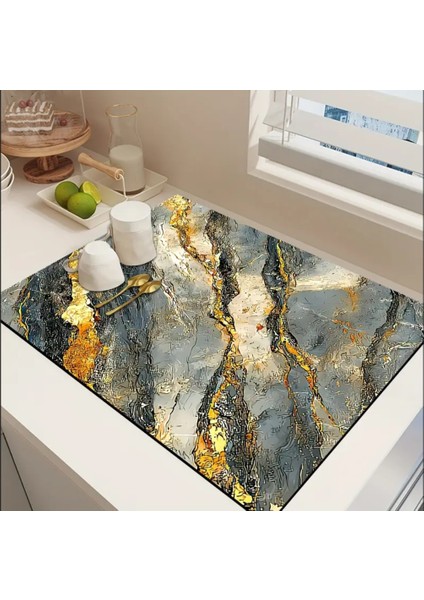 55 cm x 45 cm Gri Altın Mermer Tasarımı Tezgah Üstü Bulaşık Kurutma Matı Bulaşıklık Kurutma Örtüsü