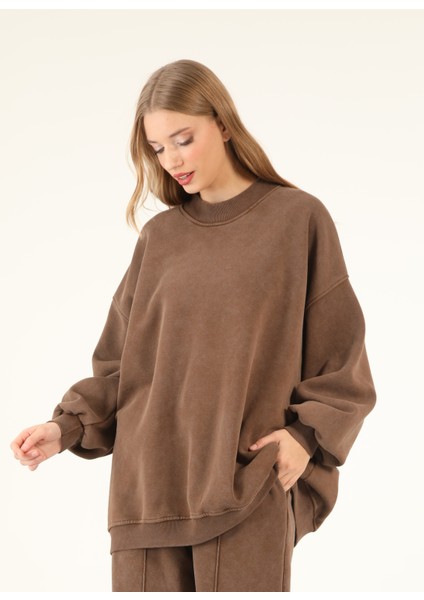 5377 - 3 Iplik Soft Yıkamalı Salaş Basic Kadın Sweatshirt