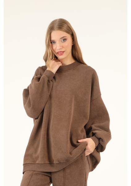 5377 - 3 Iplik Soft Yıkamalı Salaş Basic Kadın Sweatshirt