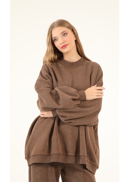 5377 - 3 Iplik Soft Yıkamalı Salaş Basic Kadın Sweatshirt
