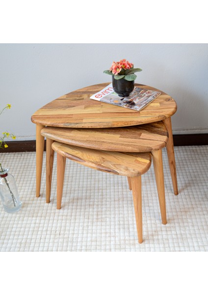 Masif Meşe Ahşap 3lü Zigon Sehpa Seti, Ercol Stil Modern Yan Sehpa