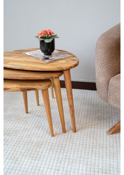 Masif Meşe Ahşap 3lü Zigon Sehpa Seti, Ercol Stil Modern Yan Sehpa fiyatları