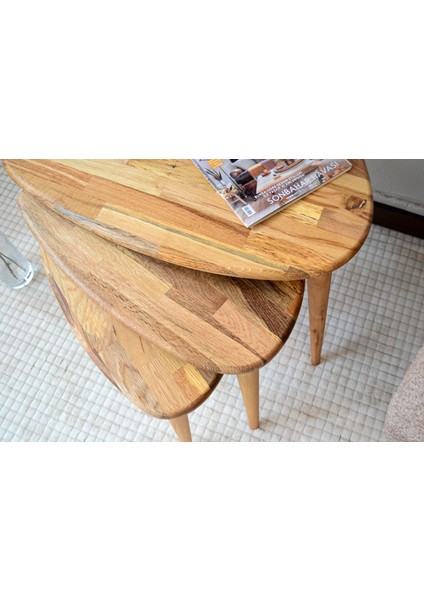 Masif Meşe Ahşap 3lü Zigon Sehpa Seti, Ercol Stil Modern Yan Sehpa modelleri