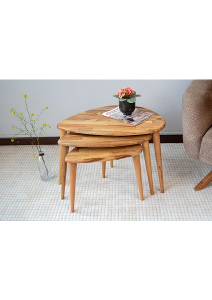 Masif Meşe Ahşap 3lü Zigon Sehpa Seti, Ercol Stil Modern Yan Sehpa indirimleri