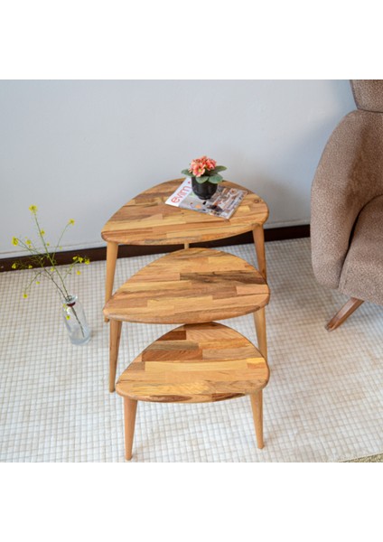 Masif Meşe Ahşap 3lü Zigon Sehpa Seti, Ercol Stil Modern Yan Sehpa