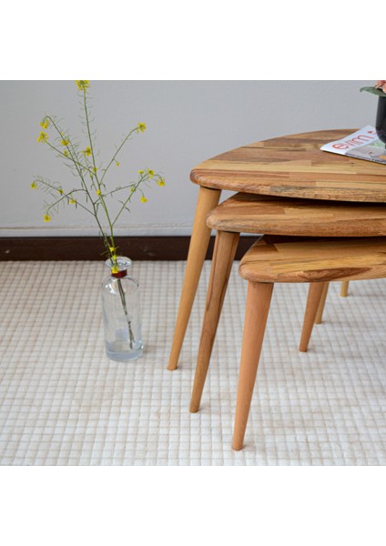 Masif Meşe Ahşap 3lü Zigon Sehpa Seti, Ercol Stil Modern Yan Sehpa