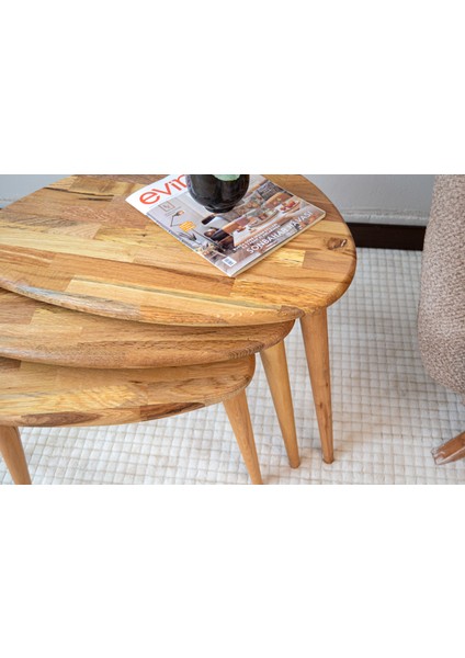 Masif Meşe Ahşap 3lü Zigon Sehpa Seti, Ercol Stil Modern Yan Sehpa