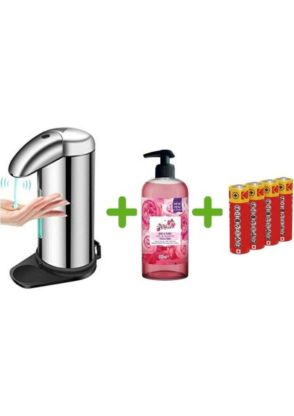 Sensörlü Fotoselli Sıvı Sabunluk,piller Dahil 14X10X22CM ve Bir Adet 500 ml Sıvı Sabun Gül Kokulu