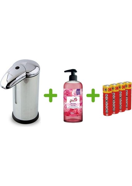 Sensörlü Fotoselli Sıvı Sabunluk,piller Dahil 14X10X22CM ve Bir Adet 500 ml Sıvı Sabun Gül Kokulu modelleri