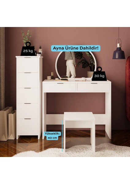 Flora U2050 Beyaz 5+2 Çekmeceli Aynalı Makyaj Masası Seti Tabureli modelleri